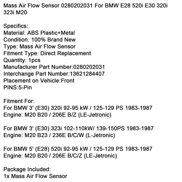 Mass Air Flow Sensor 0280202031 For BMW E28 520i E30 320i 323i M20