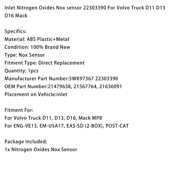 Inlet Nitrogen Oxides Nox sensor 22303390 For Volvo Truck D11 D13 D16 Mack