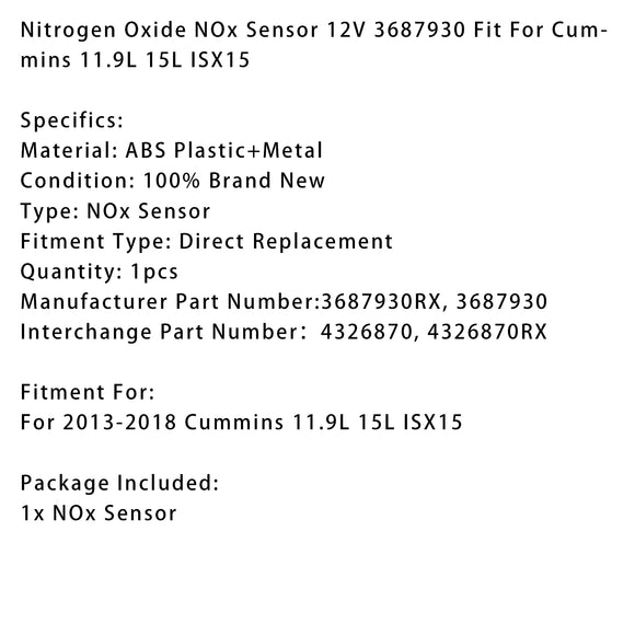 Nitrogen Oxide NOx Sensor 12V 3687930 Fit For Cummins 11.9L 15L ISX15