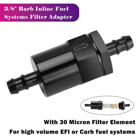 Black Inline EFI Fuel Systems Filter Adapter 3/8 Inch Barb With 30 Micron Filter Element