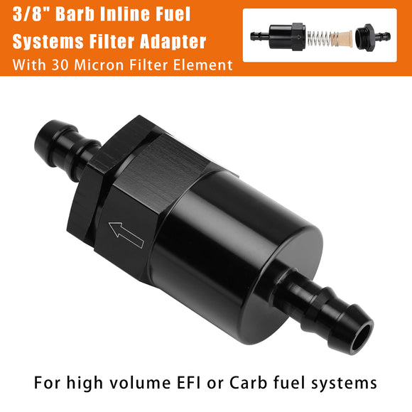 Black Inline EFI Fuel Systems Filter Adapter 3/8 Inch Barb With 30 Micron Filter Element