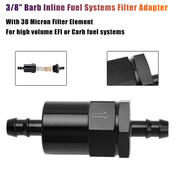 Black Inline EFI Fuel Systems Filter Adapter 3/8 Inch Barb With 30 Micron Filter Element