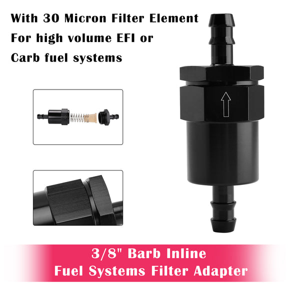 Black Inline EFI Fuel Systems Filter Adapter 3/8 Inch Barb With 30 Micron Filter Element