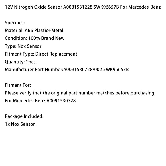 12V Nitrogen Oxide Sensor A0081531228 5WK96657B For Mercedes-Benz