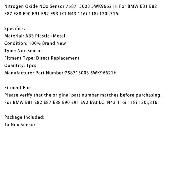 NOx Sensor 758713003 5WK96621H For BMW E81 E82 E87 E88 E90 E91 E92 E93 LCI N43