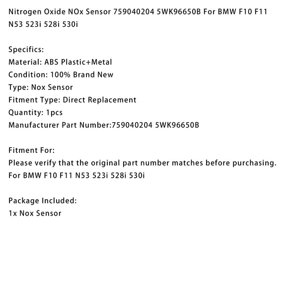 NOx Sensor 759040204 5WK96650B For BMW F10 F11 N53 523i 528i 530i