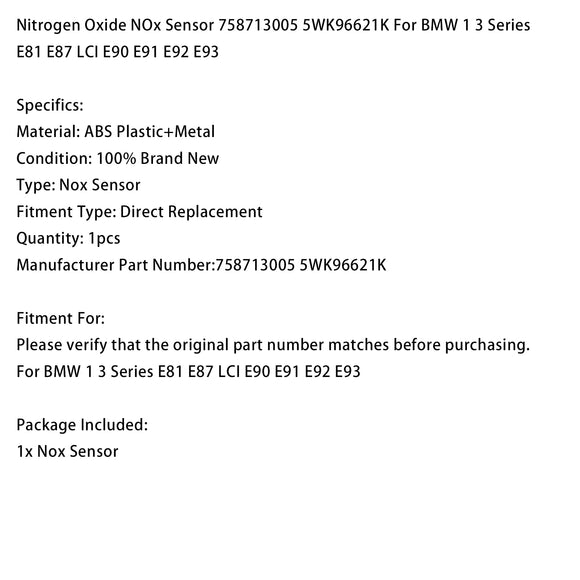NOx Sensor 758713005 5WK96621K For BMW 1 3 Series E81 E87 LCI E90 E91 E92 E93