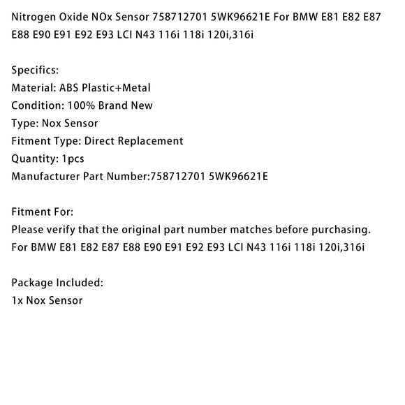 NOx Sensor 758712701 For BMW E81 E82 E87 E88 E90 E91 E92 E93