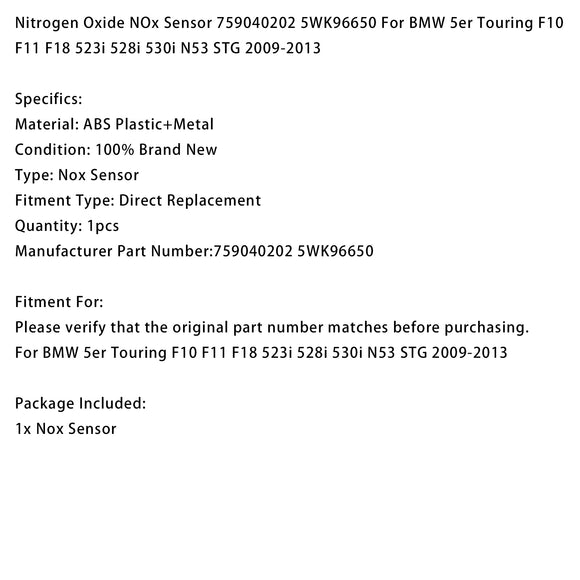 NOx Sensor 759040202 5WK96650 For BMW 5 Touring F10 F11 F18 523i 528i 530i N53