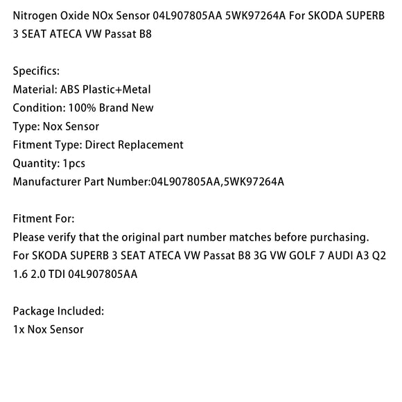 Nitrogen Oxide NOx Sensor 04L907805AA For SKODA SUPERB 3 SEAT ATECA VW Passat B8