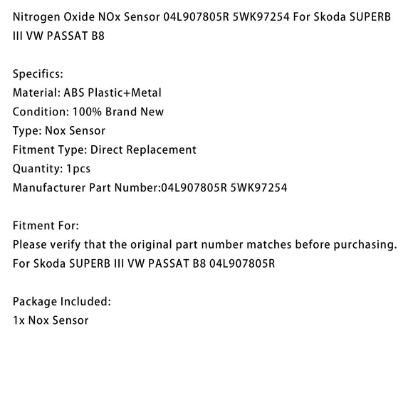 Nitrogen Oxide NOx Sensor 04L907805R 5WK97254 For Skoda SUPERB III VW PASSAT B8