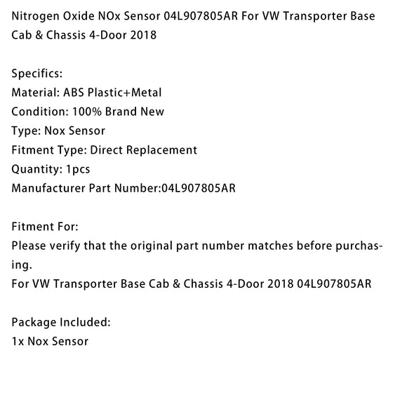 Nitrogen Oxide NOx Sensor 04L907805AR For VW Transporter Base Cab & Chassis 2018