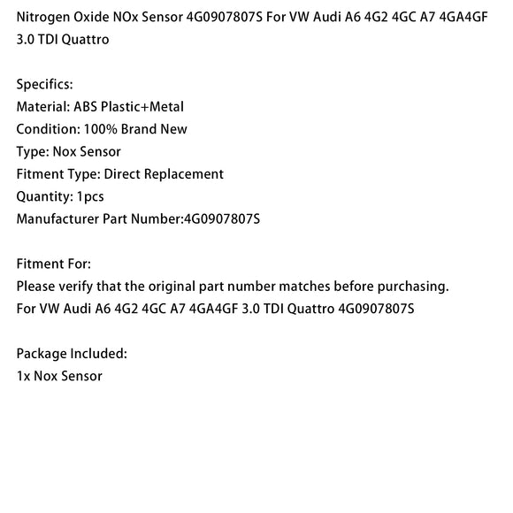 NOx Sensor 4G0907807S For VW Audi A6 4G2 4GC A7 4GA4GF 3.0 TDI Quattro