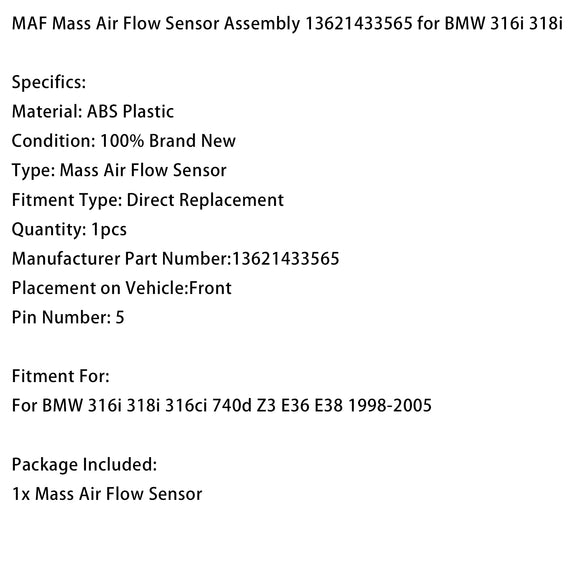 MAF Mass Air Flow Sensor Assembly 13621433565 For BMW 316i 318i 1998‑2005