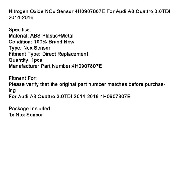Nitrogen Oxide NOx Sensor 4H0907807E For Audi A8 Quattro 3.0TDI 2014-2016