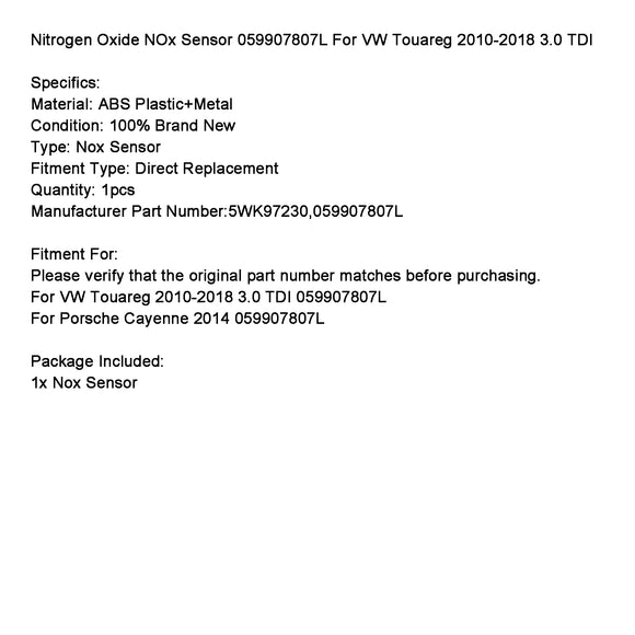 Nitrogen Oxide NOx Sensor 059907807L For VW Touareg 2010-2018 3.0 TDI