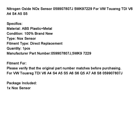Nitrogen Oxide NOx Sensor 059907807J 5WK97229 For VW Touareg TDI V6 A4 S4 A5 S5