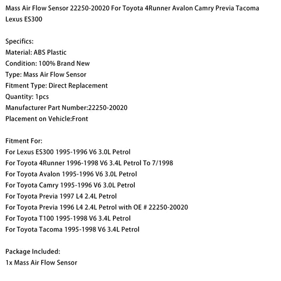 Toyota Camry 1995-1996 V6 3.0L Petrol Mass Air Flow Meter Sensor 22250-20020