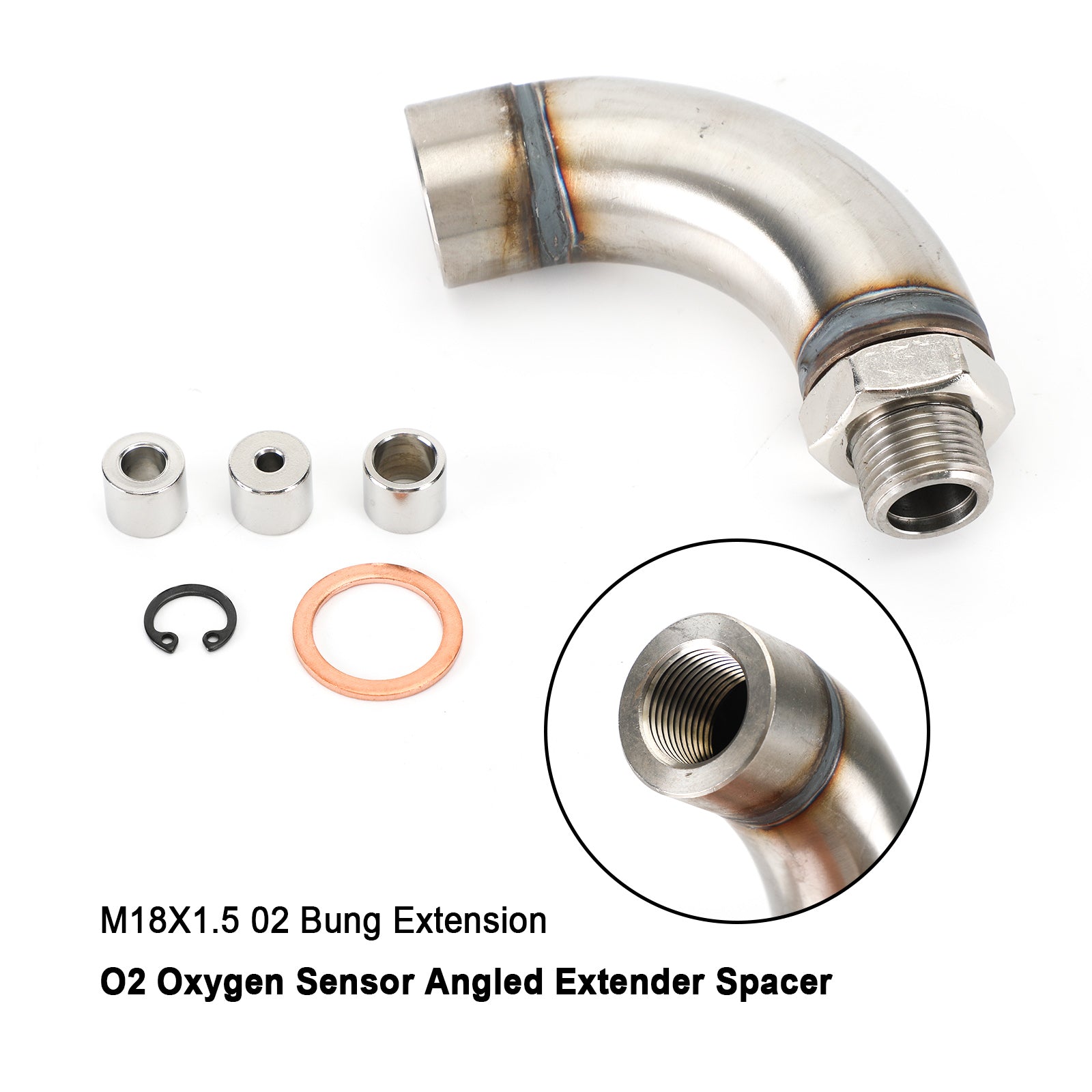 J Style 304 Stainless Steel M18X1.5 O2 Oxygen Sensor Angled Extender Spacer Kit