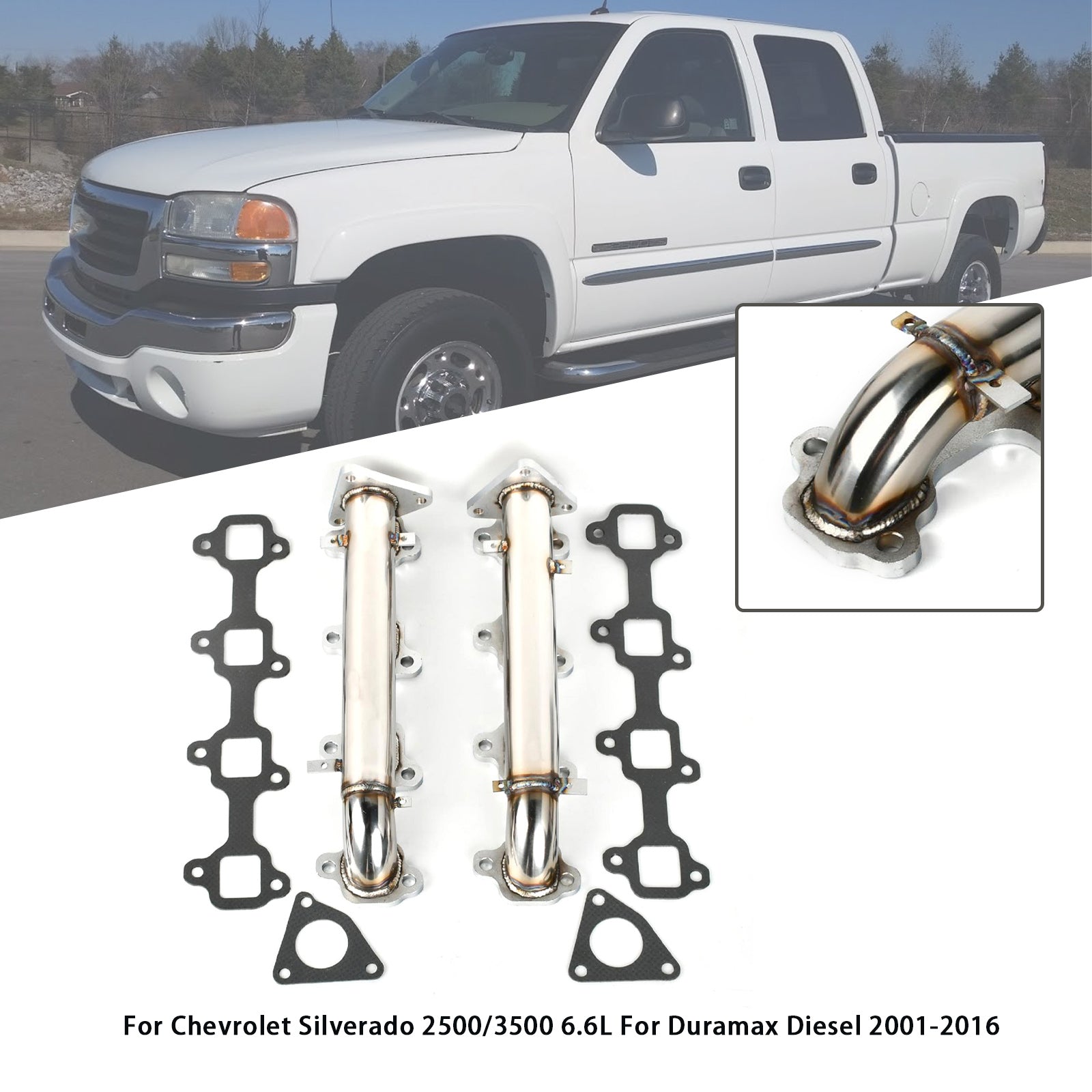 Collecteur d'échappement en acier inoxydable Duramax Diesel GMC Sierra 2500/3500 6,6 L (2001-2016)